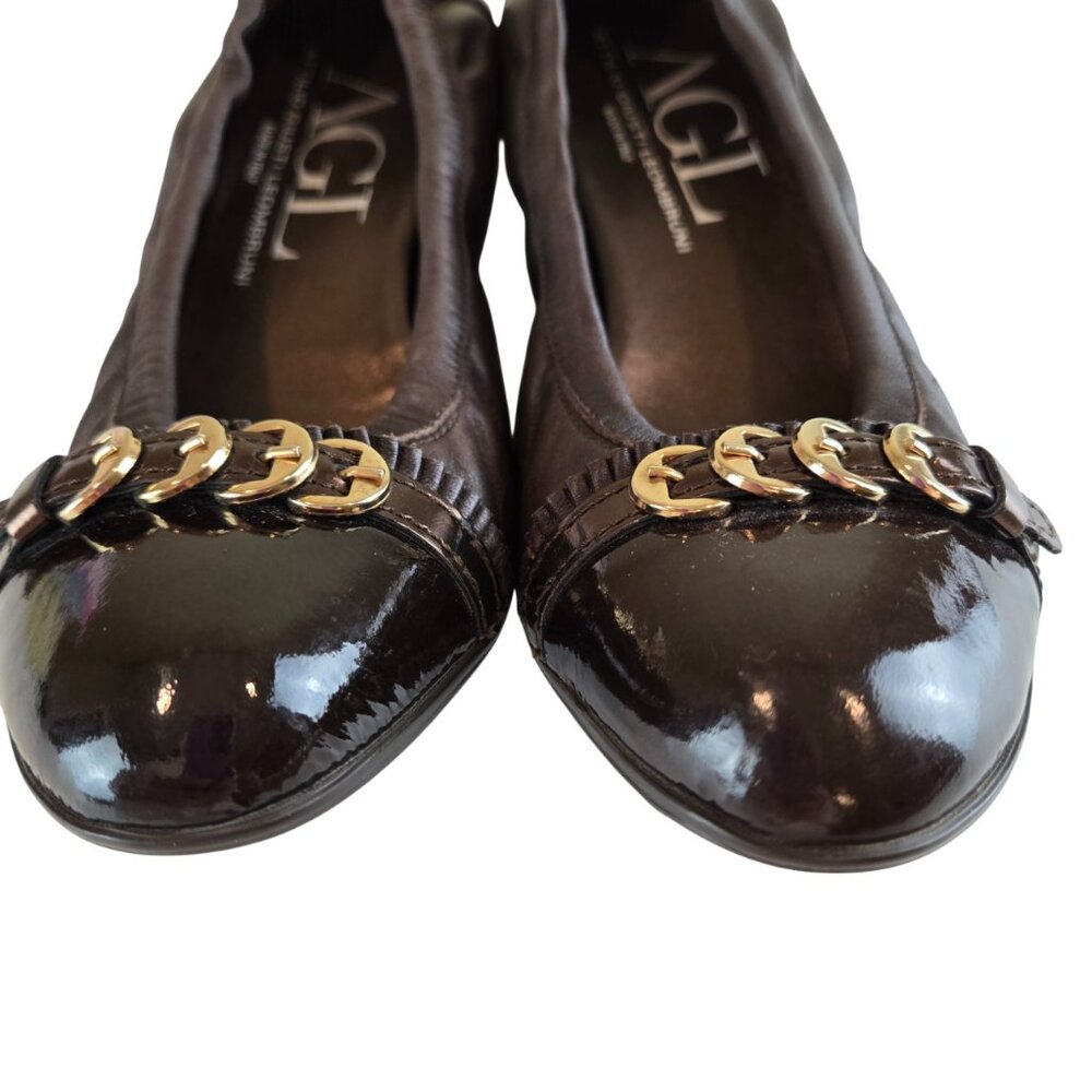 AGL Brown Napa Leather Cap Toe Ballet Flat 40 Gold Ornaments, Glove Fit - Picture 2 of 11